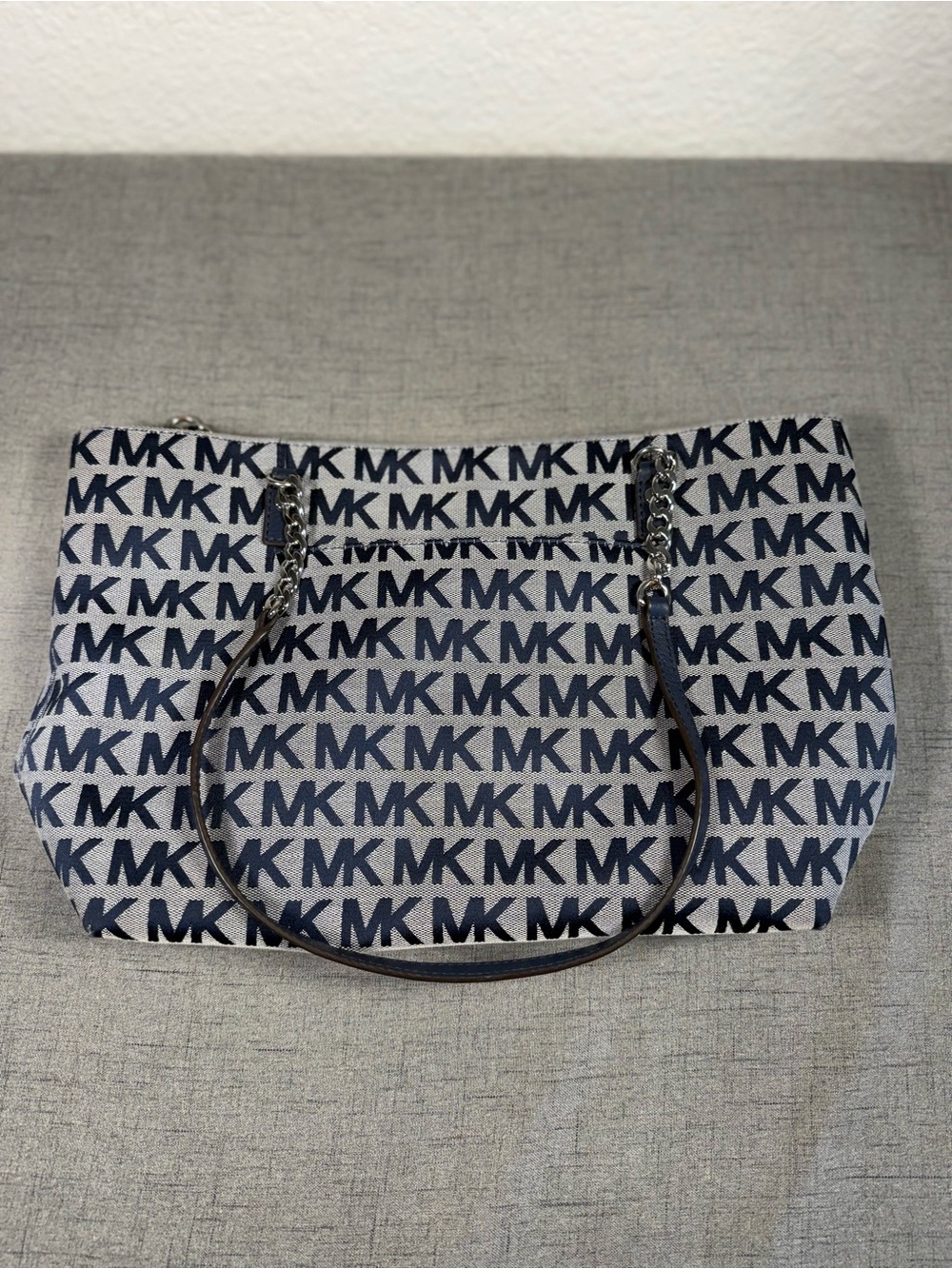 Michael Kors Blue Monogram Jacquard Signature Tote Bag Style 38S7XJST7J